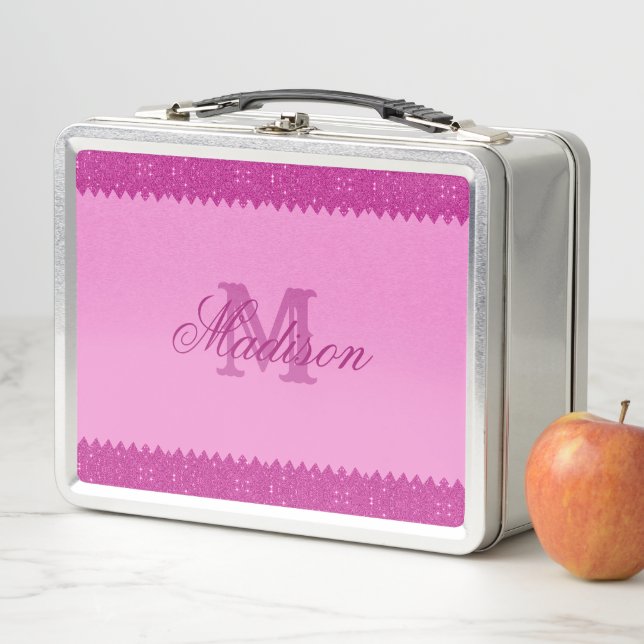 Girly pink glitter zigzag, monogram metal lunch box (In Situ)
