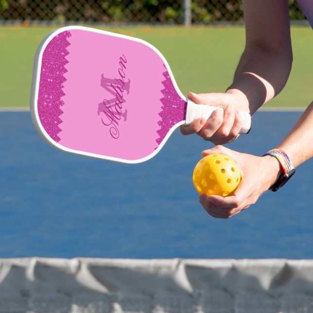 Girly pink glitter zigzag, monogram pickleball paddle (Insitu)