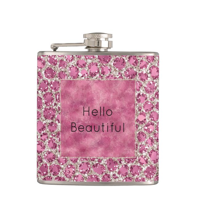 Girly Pink Glitzy Glam Glitter Leopard Print       Hip Flask (Front)