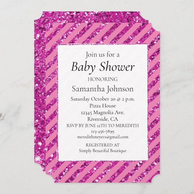 Girly Pink Glitzy Glitter Stripes Invitation (Front/Back)
