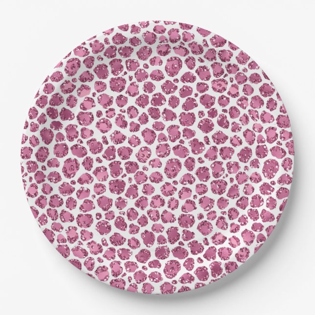 Girly Pink Glitzy Leopard Print Paper Plate (Front)