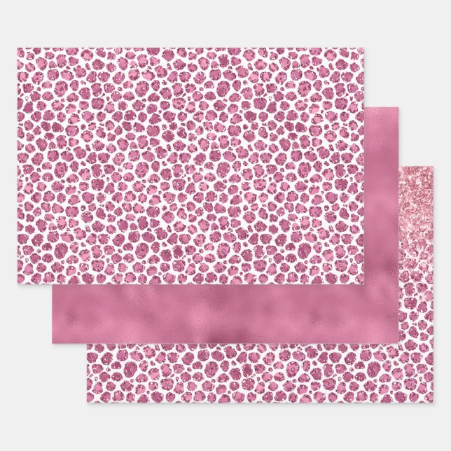 Girly Pink Glitzy Leopard Print Wrapping Paper Sheet (Set)