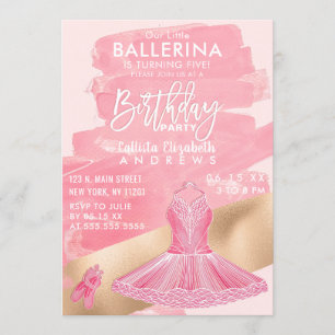 Girly Pink Gold Ballerina Brushstrokes Birthday Invitation