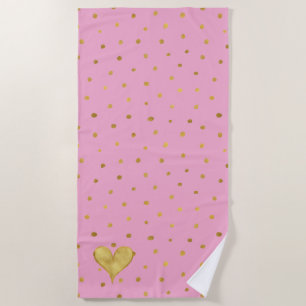 Girly Pink Gold Dots Heart   Beach Towel