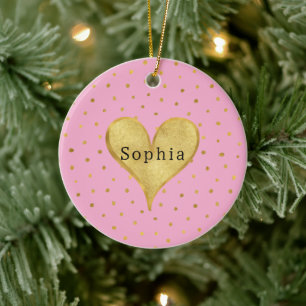 Girly Pink Gold Dots Heart Christmas Ceramic Tree Decoration