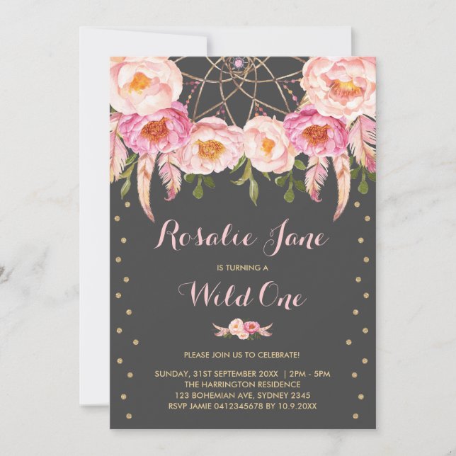 Girly Pink Gold Dreamcatcher Wild One 1st Birthday Invitation (Front)