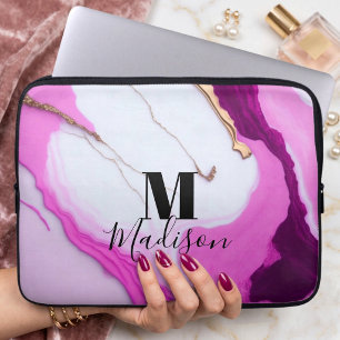 Girly pink gold drips white marble monogram laptop sleeve