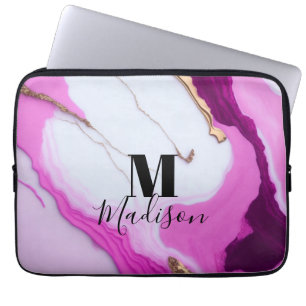 Girly pink gold drips white marble monogram laptop sleeve