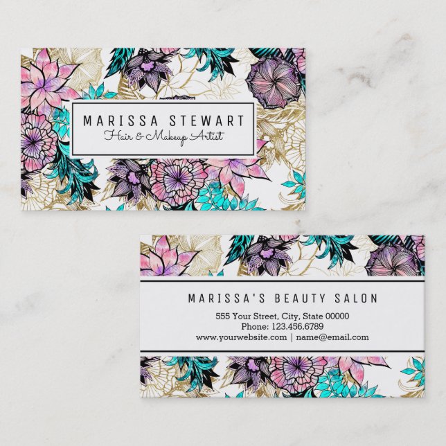 Girly Pink Gold Floral Illustrations Watercolor Business Card (Front/Back)