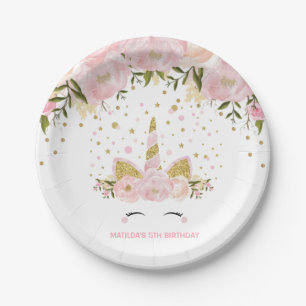 Girly Pink Gold Floral Unicorn Birthday Party Paper Plate