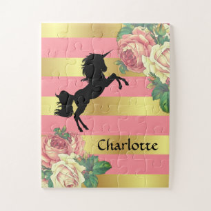 Girly Pink & Gold Floral Unicorn with Name Jigsaw Puzzle