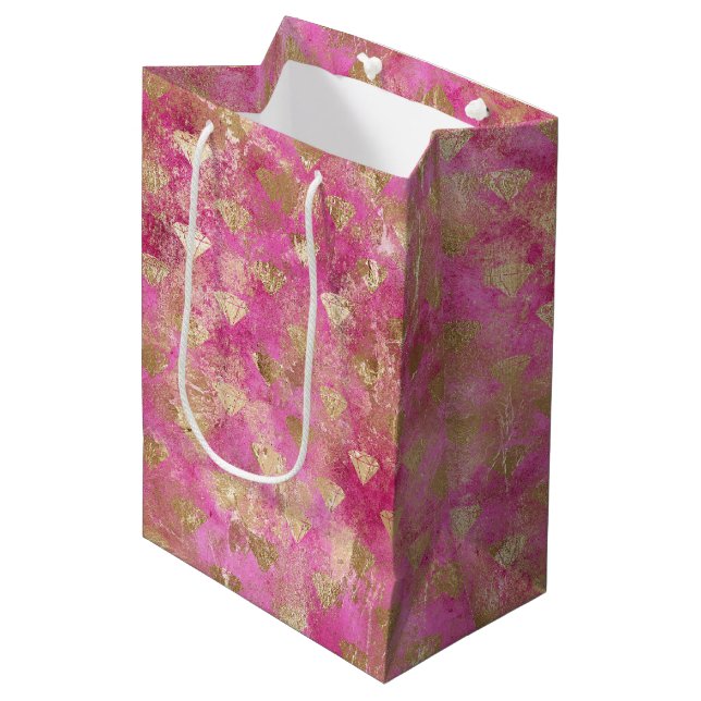 Girly Pink Gold Glam Diamonds Medium Gift Bag (Front Angled)