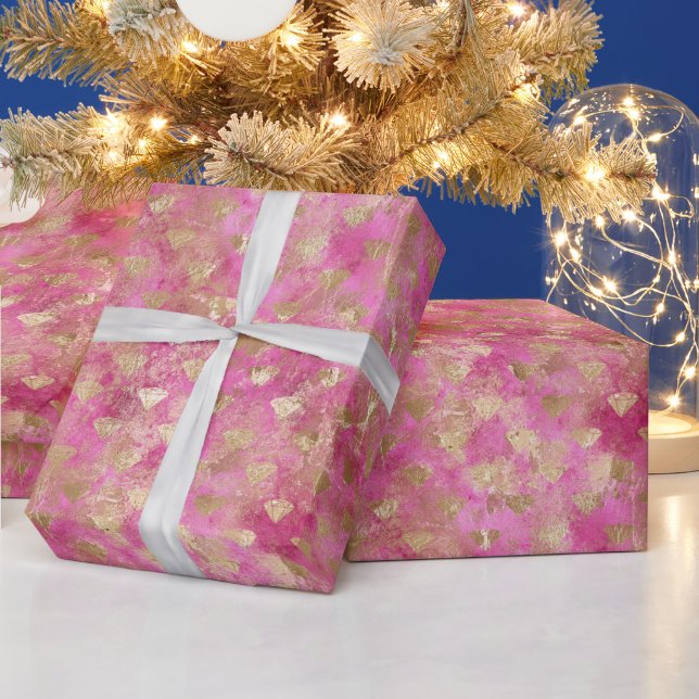 Girly Pink Gold Glam Diamonds Wrapping Paper (Holidays)