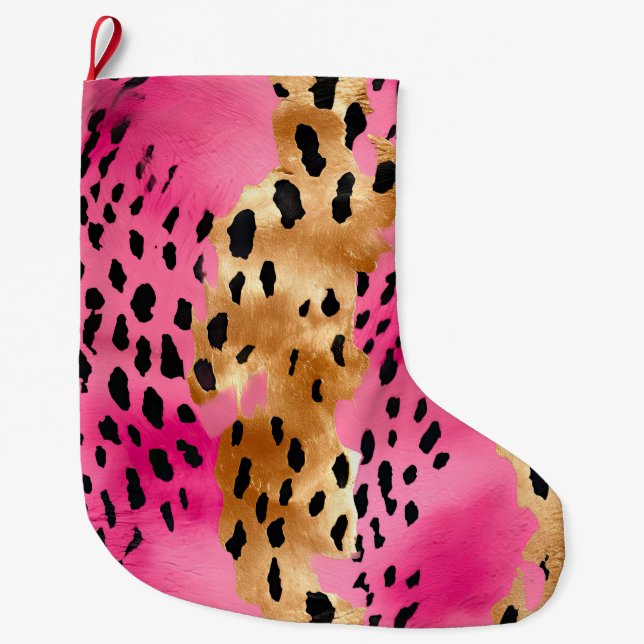 Girly Pink Gold Glam Leopard Print Abstract Large Christmas Stocking (Front)