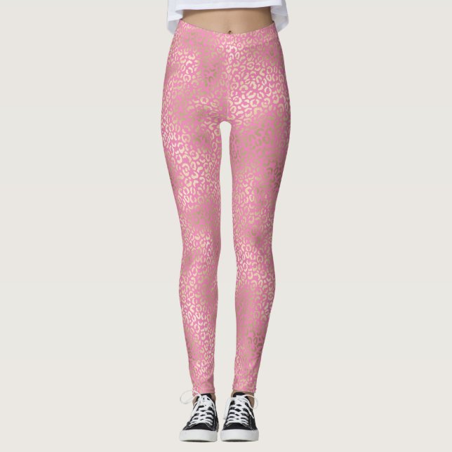 Girly Pink Gold Glam Leopard Print Leggings (Front)