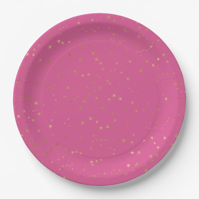 Girly Pink Gold Glam Stars Paper Plate (Front)