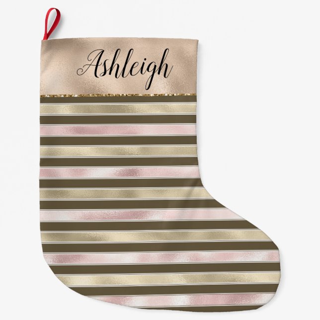Girly Pink Gold Glam Stripes Large Christmas Stocking (Front)