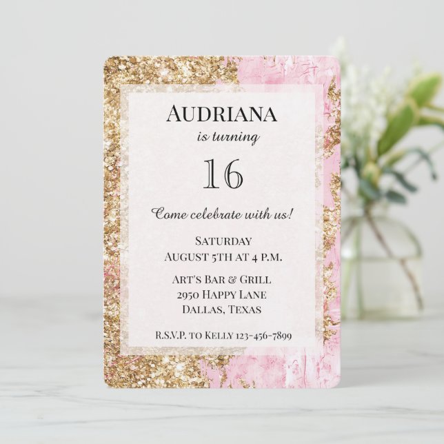 Girly Pink Gold Glitter Birthday Invitation (Standing Front)