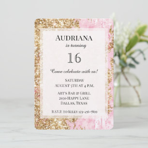 Girly Pink Gold Glitter Birthday Invitation