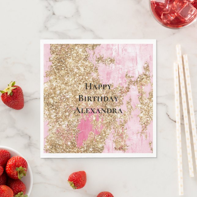 Girly Pink Gold Glitter Birthday Napkin (Insitu)