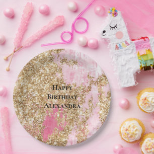 Girly Pink Gold Glitter Birthday Paper Plate
