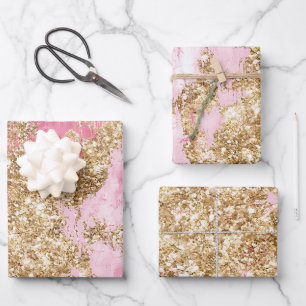 Girly Pink Gold Glitter Birthday Wrapping Paper Sheet
