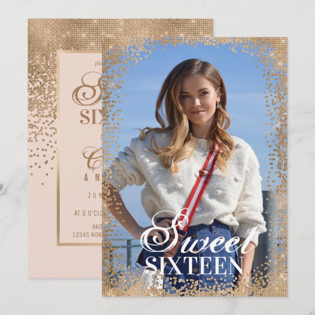 Girly Pink Gold Glitter Confetti Photo Sweet 16 Invitation (Front/Back)