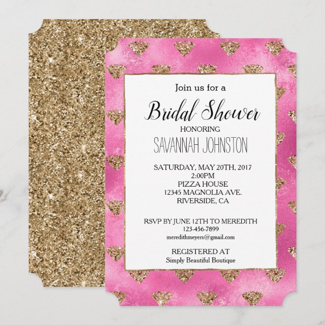 Girly Pink Gold Glitter Diamonds Invitation (Front/Back)
