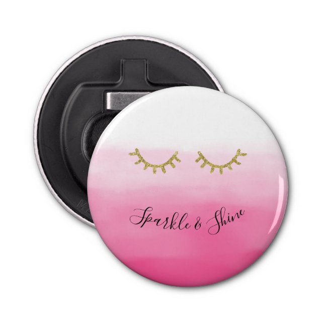 Girly Pink Gold Glitter Eyelashes  Bottle Opener (Front)