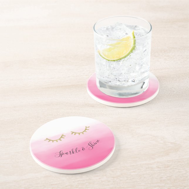 Girly Pink Gold Glitter Eyelashes  Coaster (Side)