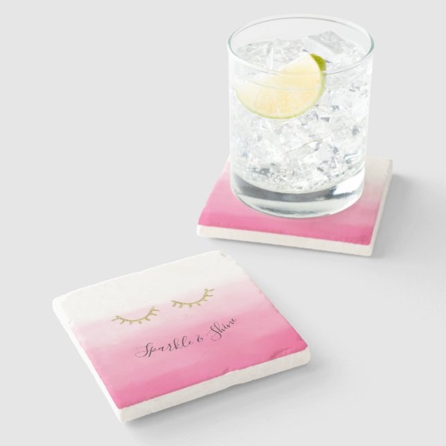 Girly Pink Gold Glitter Eyelashes  Stone Coaster (Side)