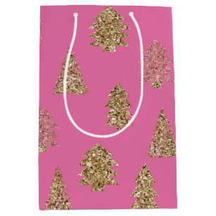 Girly Pink Gold Glitter Glam Christmas Trees Medium Gift Bag