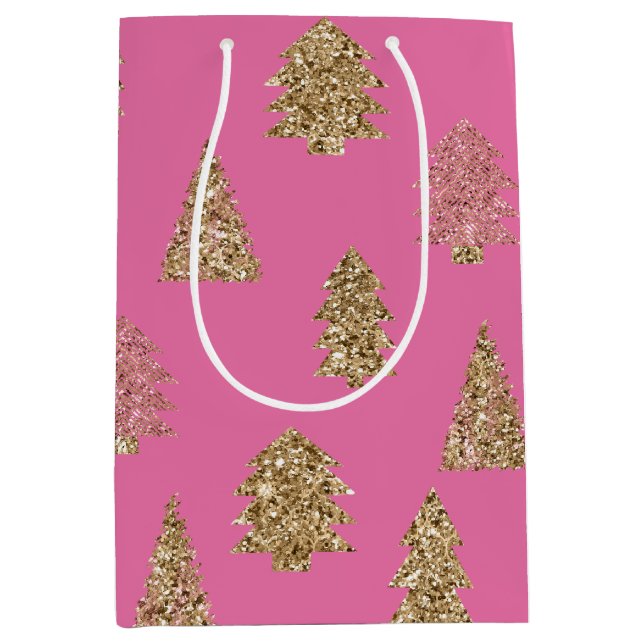Girly Pink Gold Glitter Glam Christmas Trees Medium Gift Bag (Front)