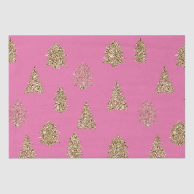Girly Pink Gold Glitter Glam Christmas Trees Tissue Paper (Front)