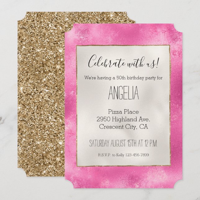 Girly Pink Gold Glitter Invitation (Front/Back)