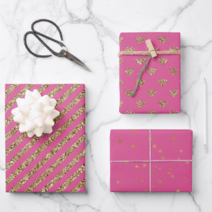Girly Pink Gold Glitter Jewel Diamonds Wrapping Paper Sheet