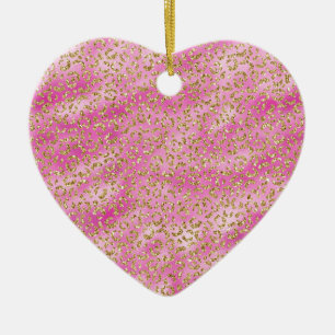 Girly Pink Gold Glitter Leopard Print Ceramic Tree Decoration
