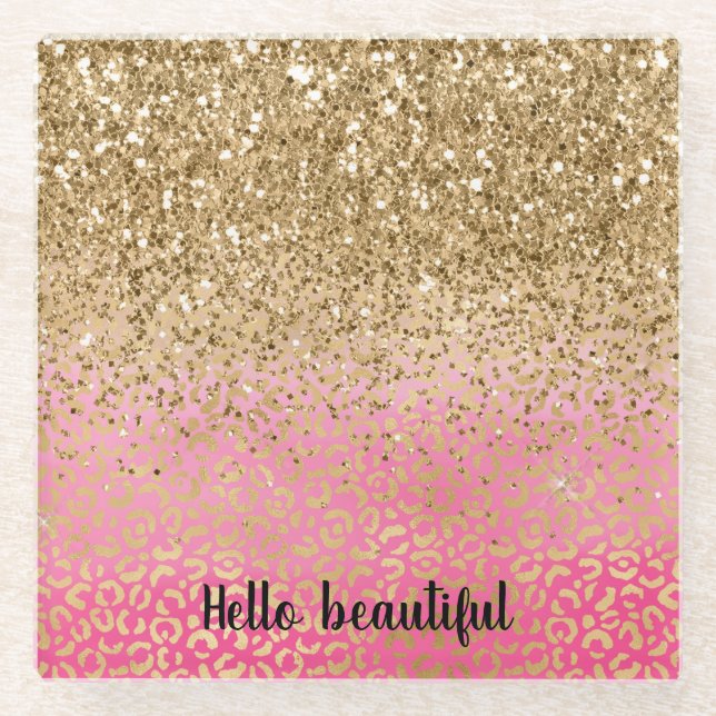Girly Pink Gold Glitter Leopard Print Glass Coaster (Front)