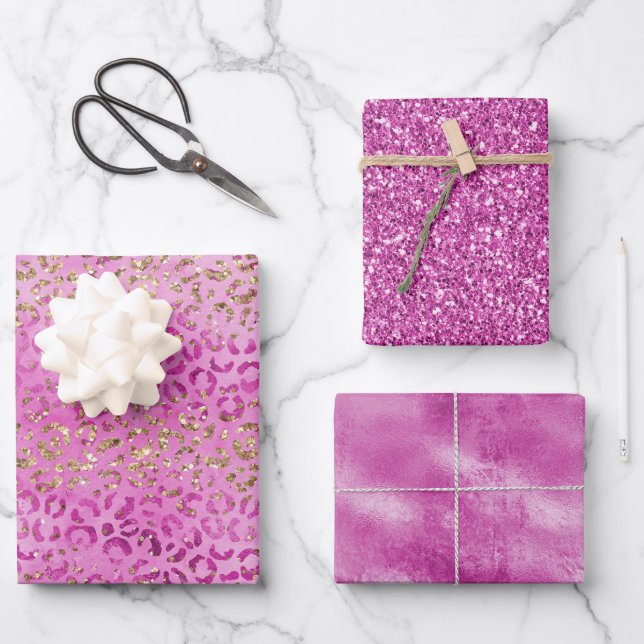 Girly Pink Gold Glitter Leopard Print Glitz      Wrapping Paper Sheet (Front)
