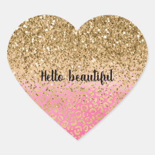 Girly Pink Gold Glitter Leopard Print Heart Sticker
