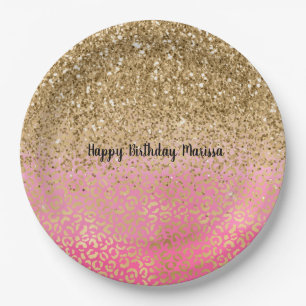 Girly Pink Gold Glitter Leopard Print Paper Plate