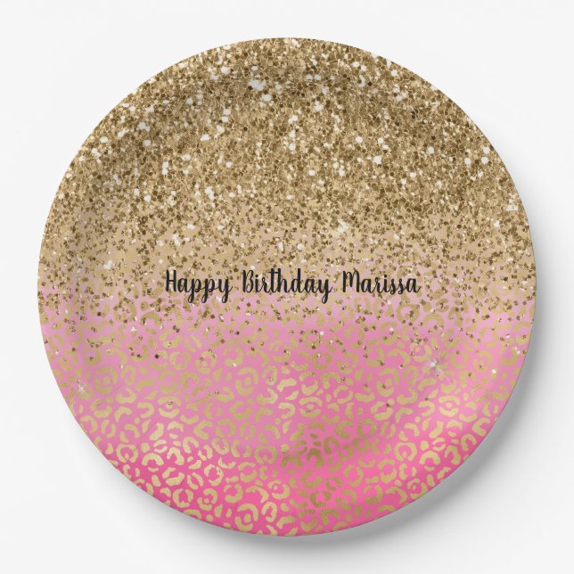 Girly Pink Gold Glitter Leopard Print Paper Plate (Front)