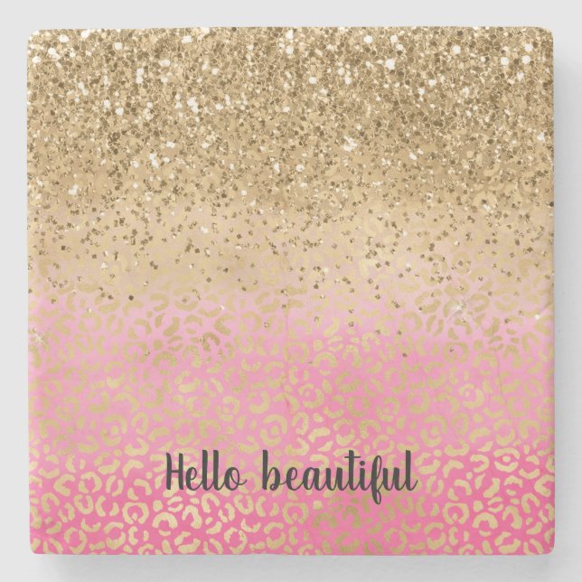 Girly Pink Gold Glitter Leopard Print Stone Coaster (Front)