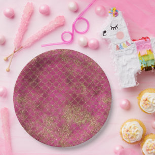 Girly Pink Gold Glitter Mermaid Glitz    Paper Plate