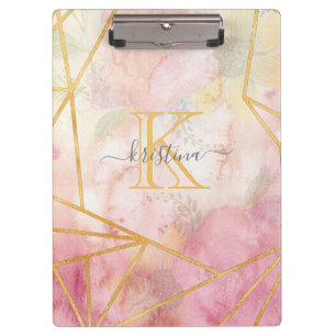 Girly Pink Gold Glitter Sparkle Monogram Floral Clipboard