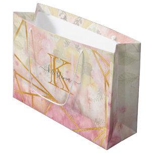 Girly Pink Gold Glitter Sparkle Monogram Floral Large Gift Bag