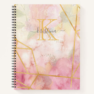 Girly Pink Gold Glitter Sparkle Monogram Floral Notebook