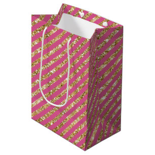 Girly Pink Gold Glitter Stripes Medium Gift Bag