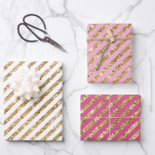 Girly Pink Gold Glitter Stripes Wrapping Paper Sheet