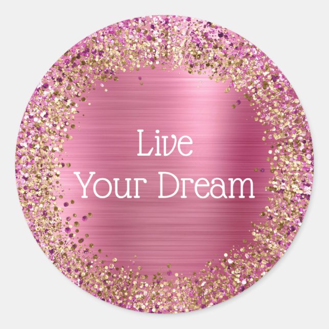 Girly Pink Gold Glitzy Sparkle Glitter Classic Round Sticker (Front)